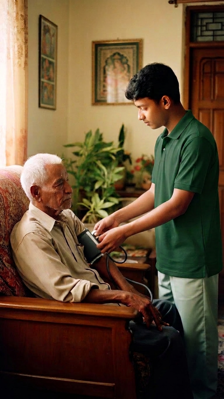 Compassionate nurse holding the hand of a smiling elderly patient